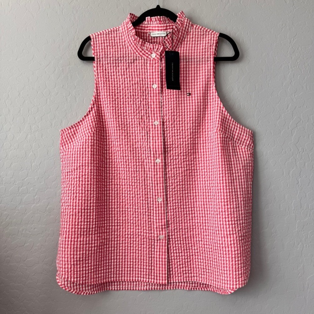 NWT Tommy Hilfiger XL Sleeveless Top Red Gingham Ruffle Seersucker Button Down